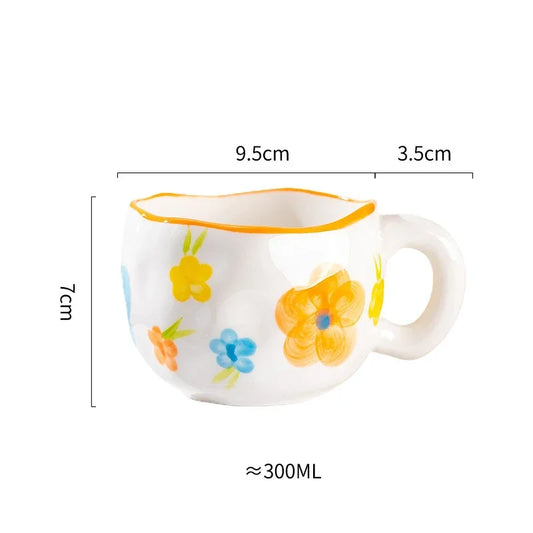 300ML Korean Style Hand Pinched Irregular Ceramic mug Hand-painted Flower Heart Coffee Cup Breakfast Milk Afternoon tea cup Gift