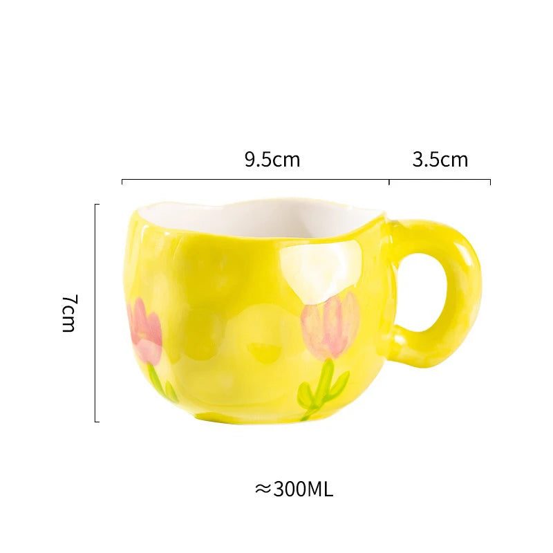 300ML Cute Hand Pinched Irregular Ceramic mug Flower Heart Pattern Coffee Cup Breakfast Milk tea cups Gift For Kids Girls