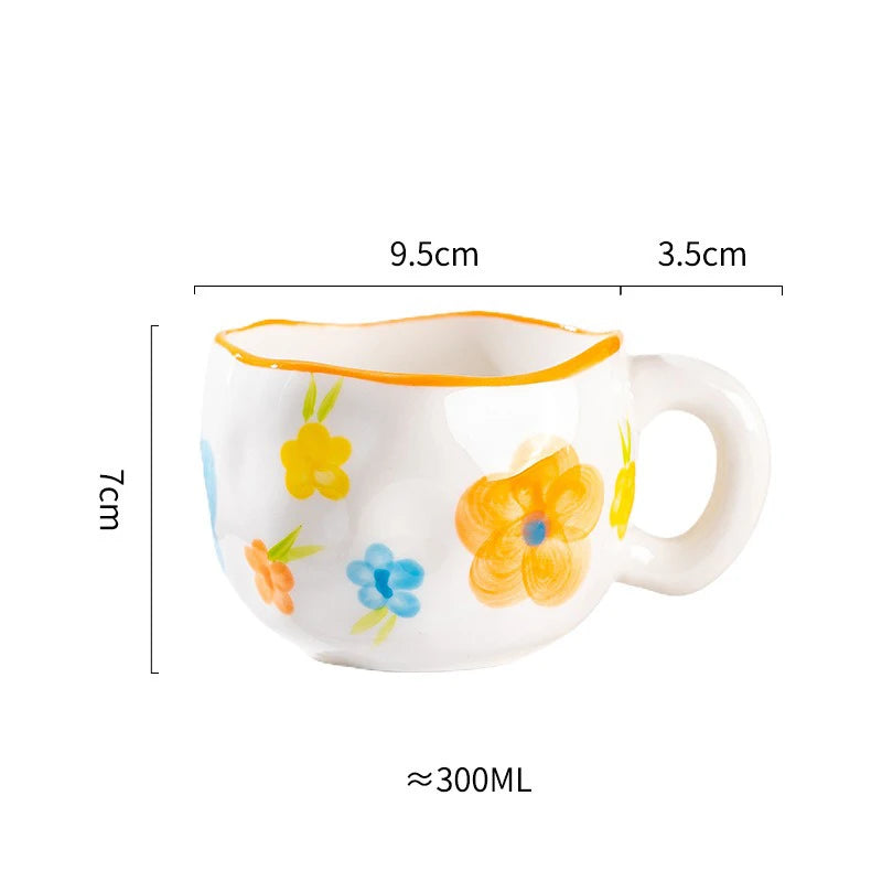 300ML Cute Hand Pinched Irregular Ceramic mug Flower Heart Pattern Coffee Cup Breakfast Milk tea cups Gift For Kids Girls