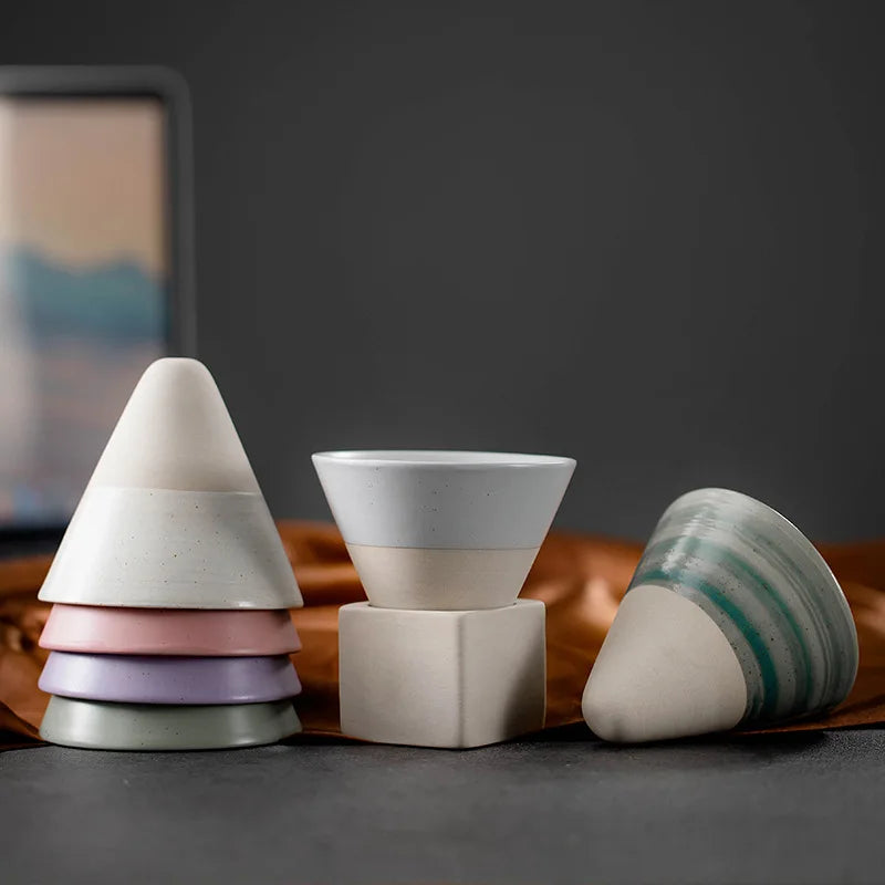 1pc Retro Japanese Triangular Cone Shape Pottery Tea Coffee Cup Pull Ceramic Mug Rough Latte Porcelain Cup For Home Office