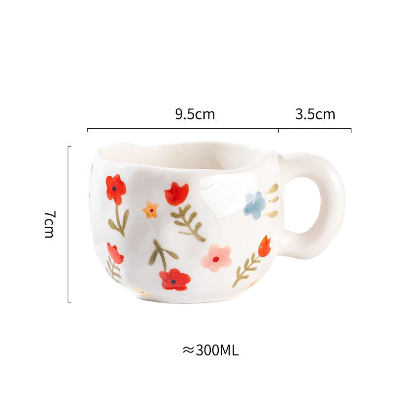 300ML Cute Hand Pinched Irregular Ceramic mug Flower Heart Pattern Coffee Cup Breakfast Milk tea cups Gift For Kids Girls