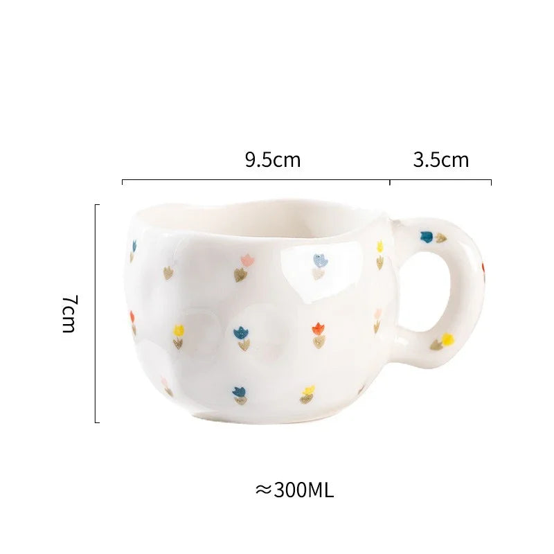 300ML Korean Style Hand Pinched Irregular Ceramic mug Hand-painted Flower Heart Coffee Cup Breakfast Milk Afternoon tea cup Gift