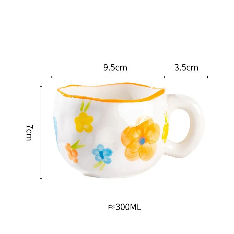 300ML Korean Style Hand Pinched Irregular Ceramic mug Hand-painted Flower Heart Coffee Cup Breakfast Milk Afternoon tea cup Gift
