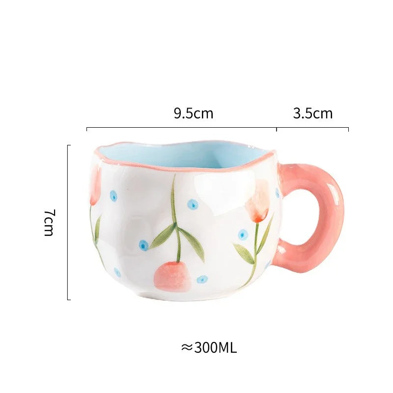 300ML Korean Style Hand Pinched Irregular Ceramic mug Hand-painted Flower Heart Coffee Cup Breakfast Milk Afternoon tea cup Gift