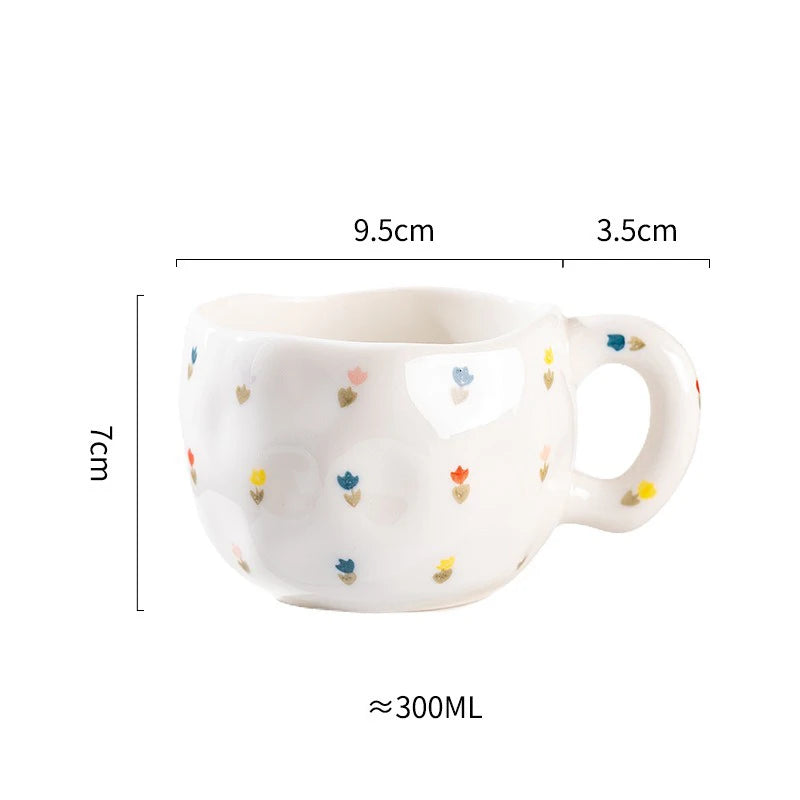 300ML Cute Hand Pinched Irregular Ceramic mug Flower Heart Pattern Coffee Cup Breakfast Milk tea cups Gift For Kids Girls