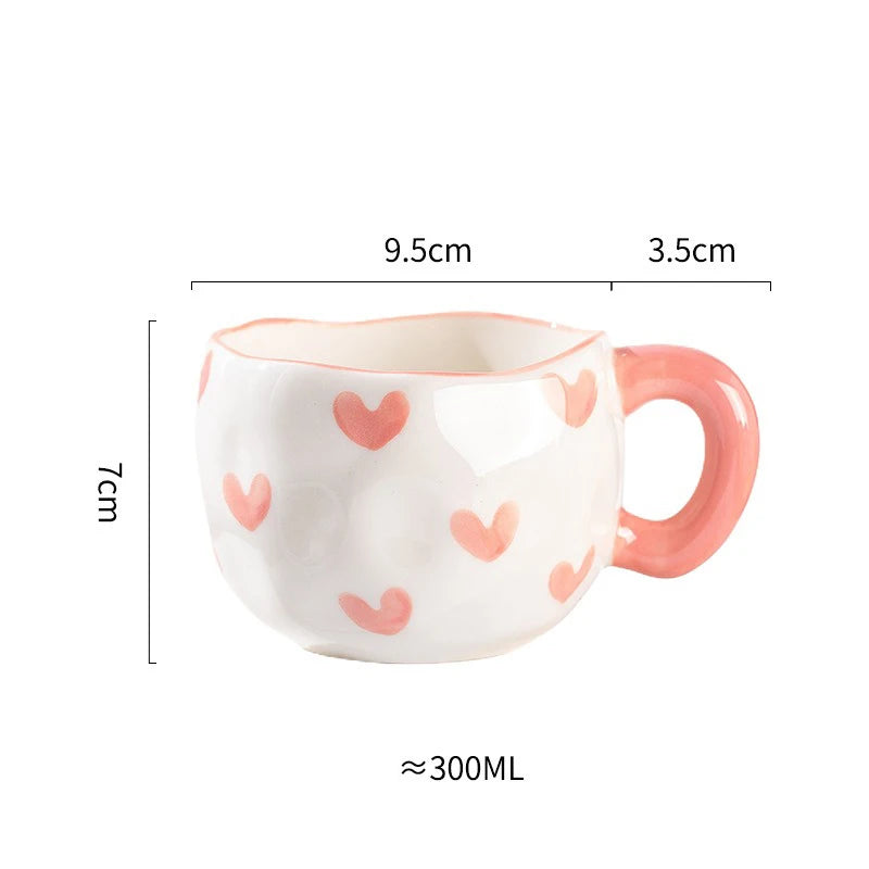 300ML Cute Hand Pinched Irregular Ceramic mug Flower Heart Pattern Coffee Cup Breakfast Milk tea cups Gift For Kids Girls
